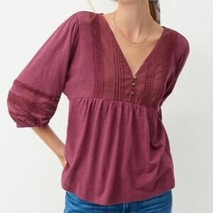 Anthropologie Kaye Pintucked 3/4 Puff Sleeve V-neck Babydoll Top Boho